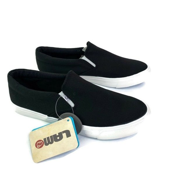 black canvas slip ons